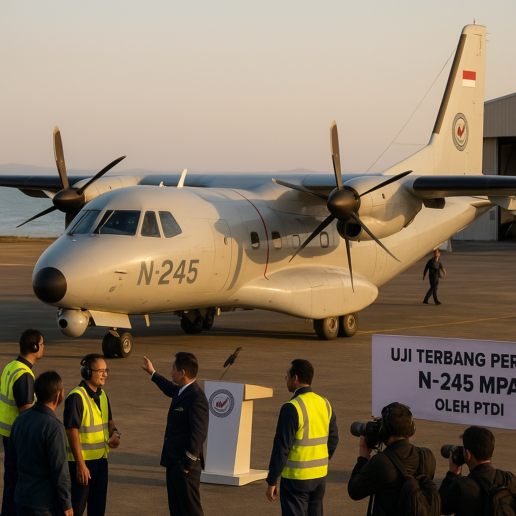 Uji Terbang Perdana Pesawat N-245 versi Maritime Patrol Aircraft (MPA) oleh PTDI