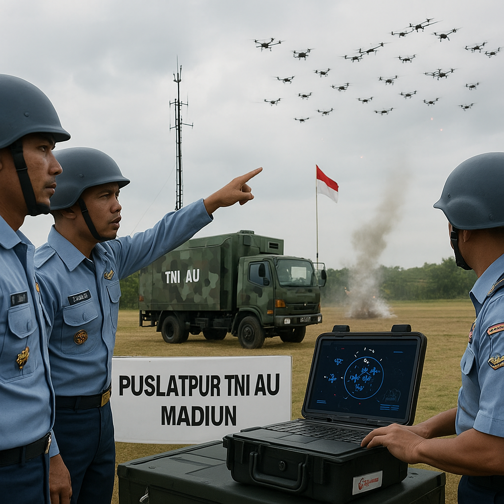 Uji Coba Sistem Pertahanan Drone Swarm AI Berbasis Jaringan 6G Militer di Puslatpur TNI AU Madiun