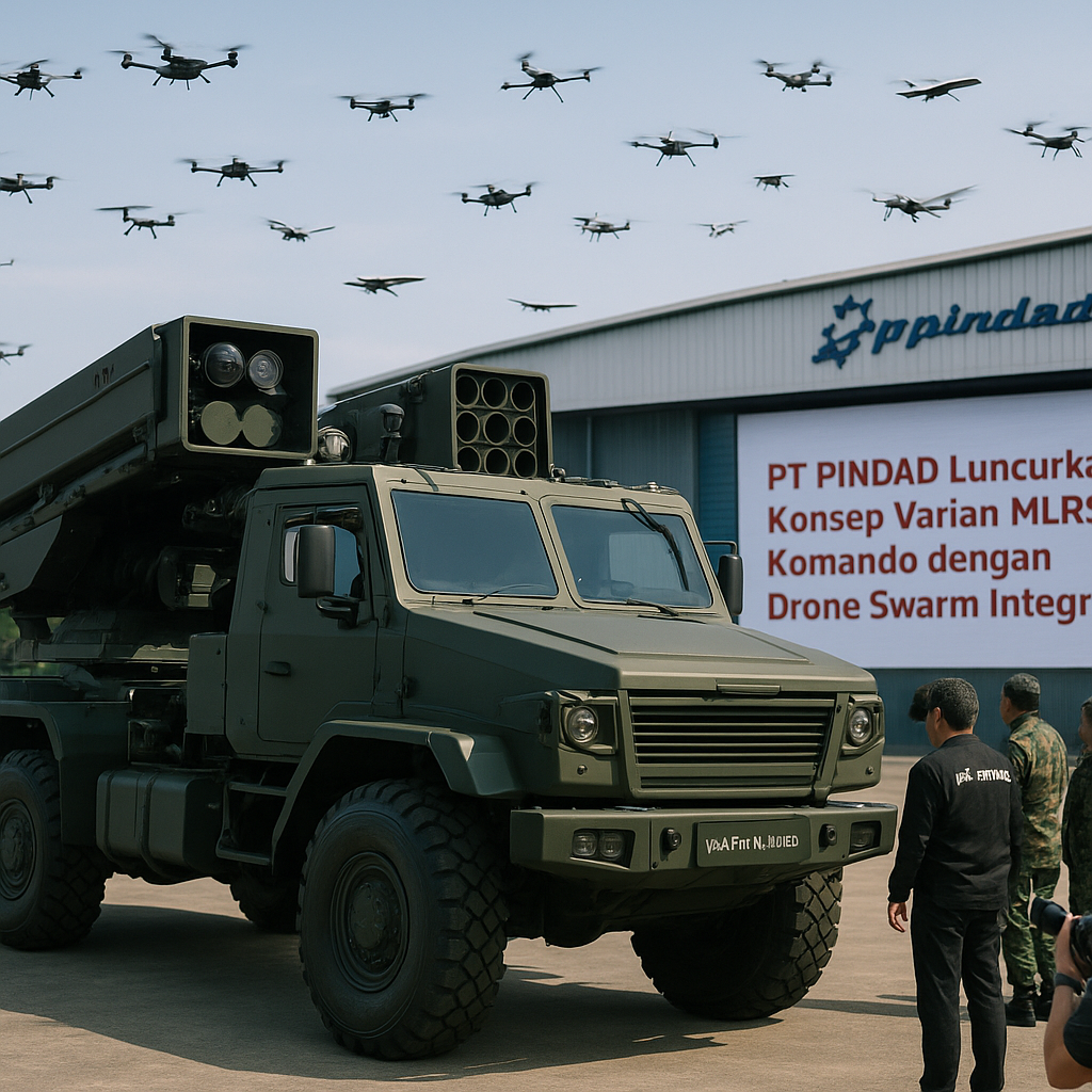 PT PINDAD Luncurkan Konsep Varian MLRS Komando dengan Drone Swarm Integration